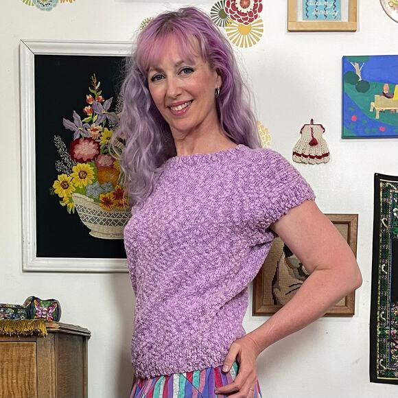 Vintage Lavender Chenille Sweater, 1980s Short Sleeve Pastel Knit Top Sz M-L - Picture 4 of 10